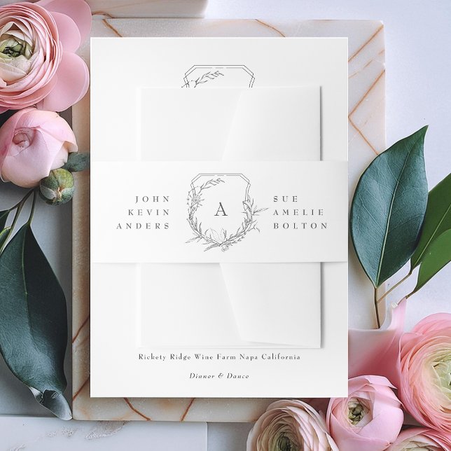 classic botanical floral names & monogram crest invitation belly band (Creator Uploaded)