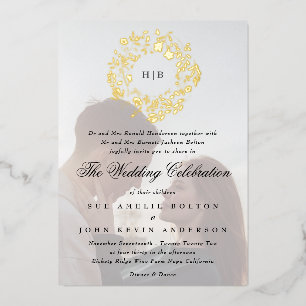 Classic Botanical Gold Floral Wreath Photo Wedding