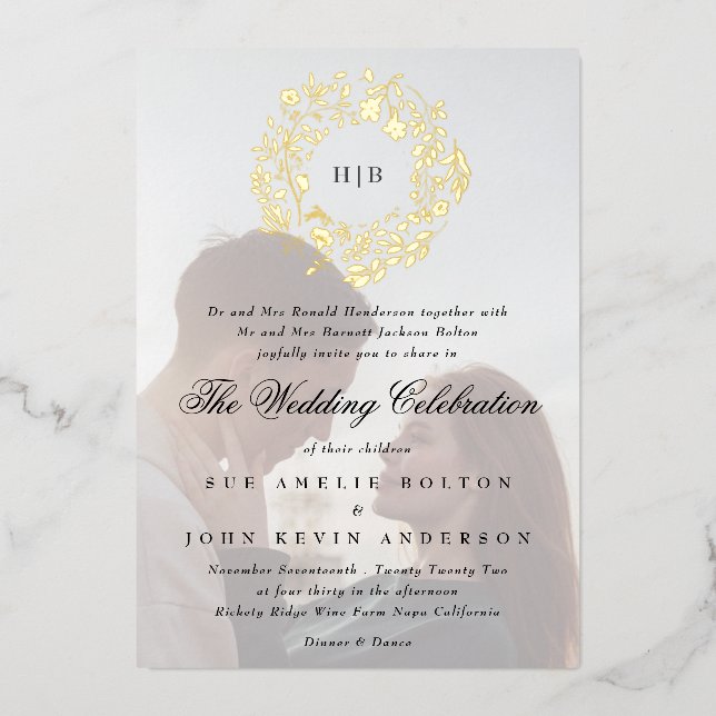 Classic Botanical Gold Floral Wreath Photo Wedding (Front)
