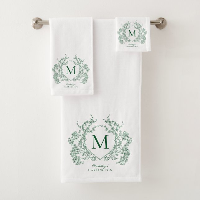Classic Botanical Green Floral Crest Monogram Bath Towel Set (Insitu)