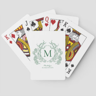 Classic Botanical Green Floral Crest Monogram Playing Cards