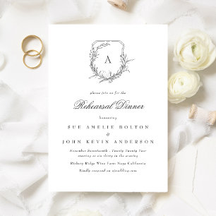 classic botanical monogram crest rehearsal dinner invitation