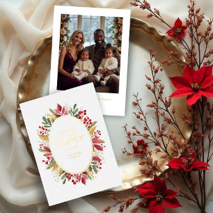 Classic Botanical Oval Frame Traditional Christmas Foil Holiday Card