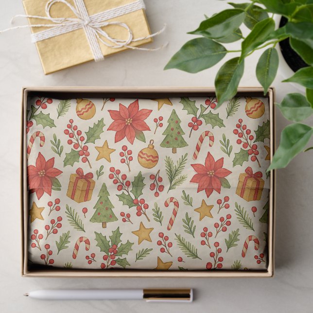 Classic Botanical Poinsettia Floral Art Pattern Tissue Paper (Gift)