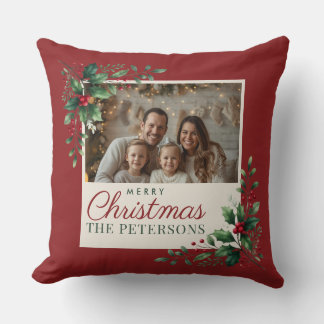 Classic Botanical Red Custom Photo Christmas Cushion