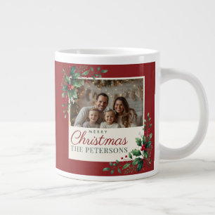 Classic Botanical Red Custom Photo Christmas Large Coffee Mug