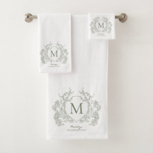 Classic Botanical Sage Green Floral Crest Monogram Bath Towel Set