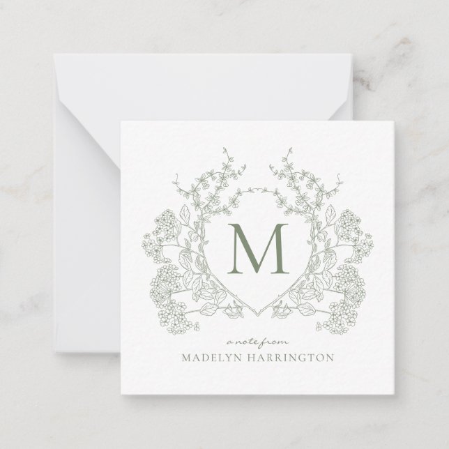 Classic Botanical Sage Green Floral Crest Monogram Card (Front)