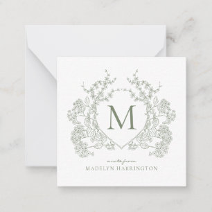 Classic Botanical Sage Green Floral Crest Monogram Card