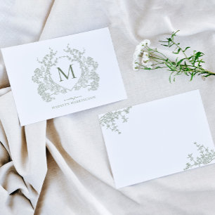 Classic Botanical Sage Green Floral Crest Monogram Card