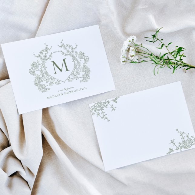 Classic Botanical Sage Green Floral Crest Monogram Card (Creator Uploaded)