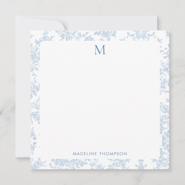 Classic Botanical Toile Monogram Blue Square Card (Front)
