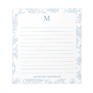 Classic Botanical Toile Monogram French Blue Lined Notepad