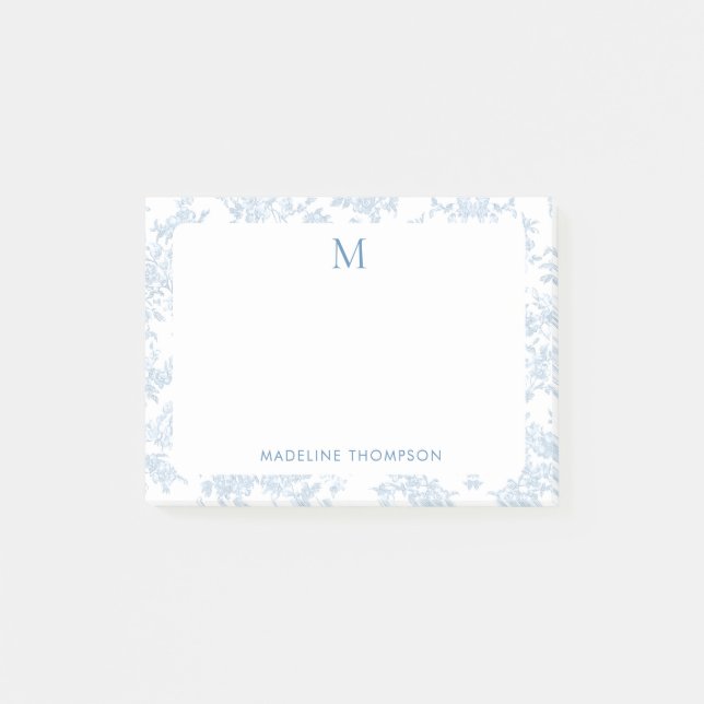 Classic Botanical Toile Monogram French Blue Post-it Notes (Front)
