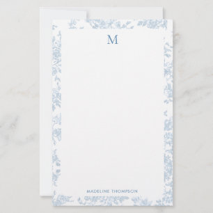 Classic Botanical Toile Monogram French Blue Stationery