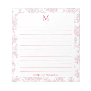 Classic Botanical Toile Monogram Red Lined Notepad
