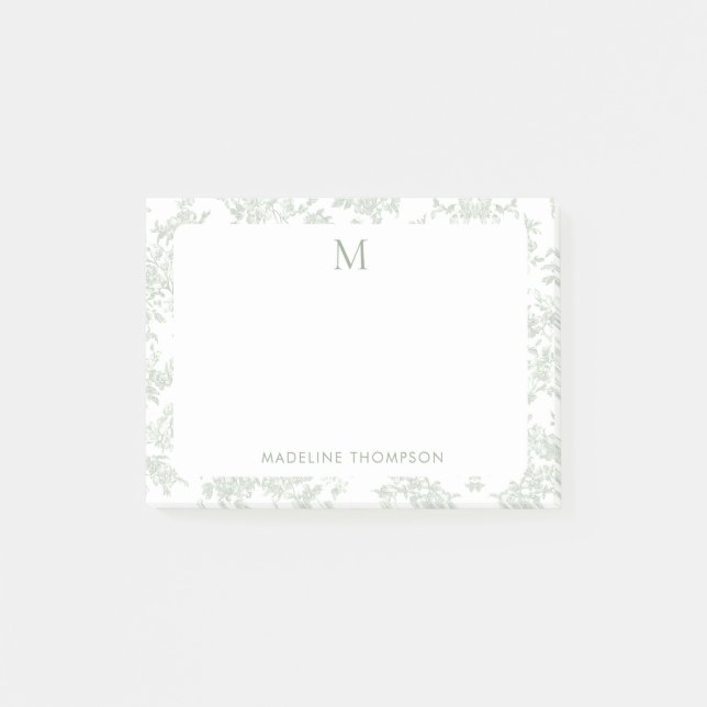 Classic Botanical Toile Monogram Sage Green Post-it Notes (Front)