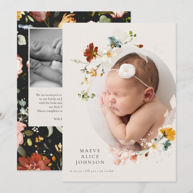 Classic Botanical Wildflower Birth Announcements (Front/Back)