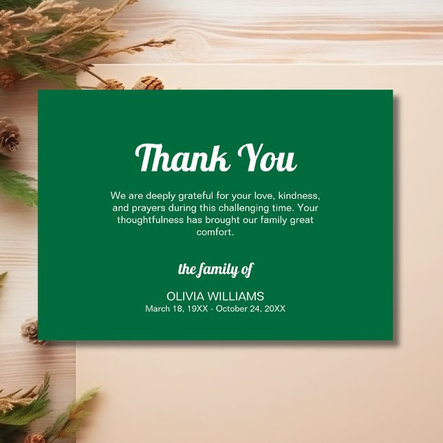 Classic Bottle Green Traditional Funeral Sympathy Thank You Card (Creator Uploaded)