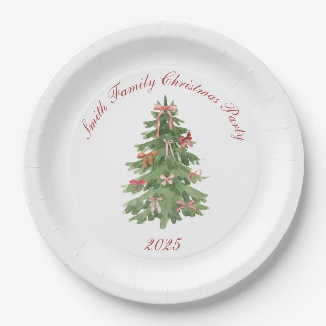 Classic Bow Tree Family Christmas Party Holiday Paper Plate (Front)
