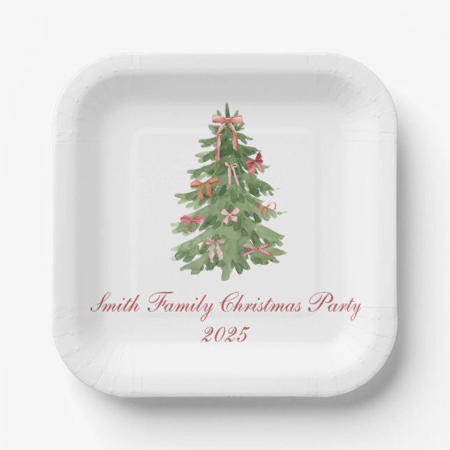 Classic Bow Tree Family Christmas Party Holiday Paper Plate (Front)