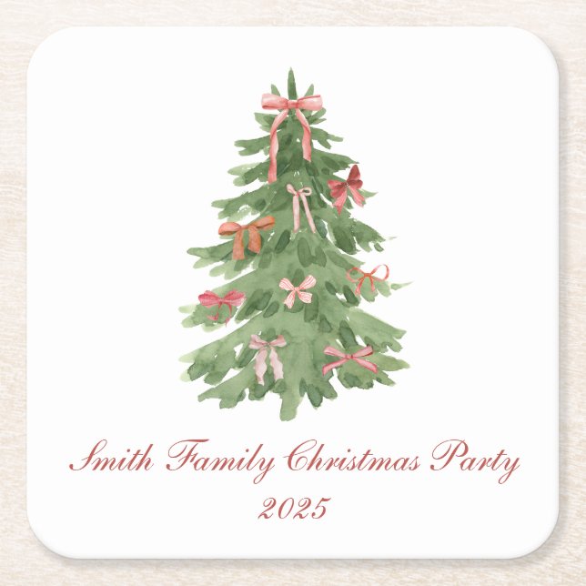 Classic Bow Tree Family Christmas Party Holiday Square Paper Coaster (Front)