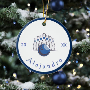 Classic Bowling Design Pins & Ball Name & Year Ceramic Tree Decoration