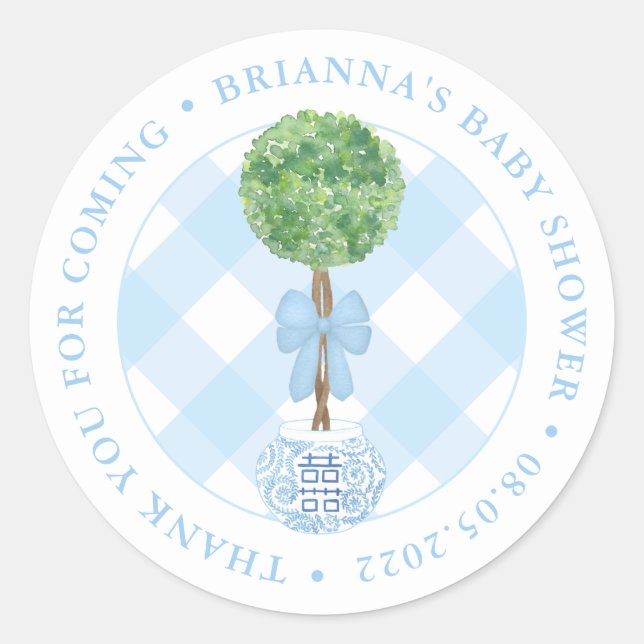 Classic Boxwood Topiary Blue Baby Shower Thank You Classic Round Sticker (Front)