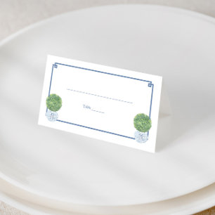 Classic Boxwood Topiary Blue Greek Key Mixed Event Place Card
