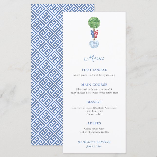 Classic Boxwood Topiary Red White Blue Party Menu (Front/Back)