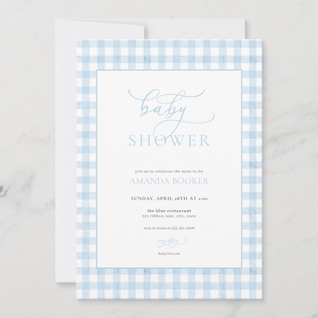Classic Boy Blue Gingham Baby Shower Invitation (Front)