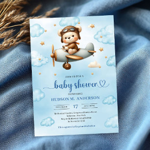 Classic Boy Shower Teddy Bear Pilot Blue Brown Invitation