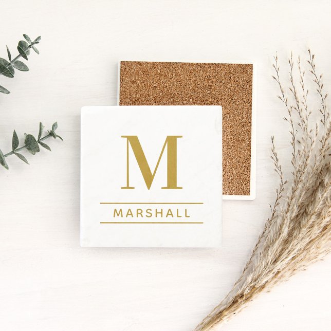 Classic Brass Gold Serif Monogram Name Stone Coaster (Creator Uploaded)