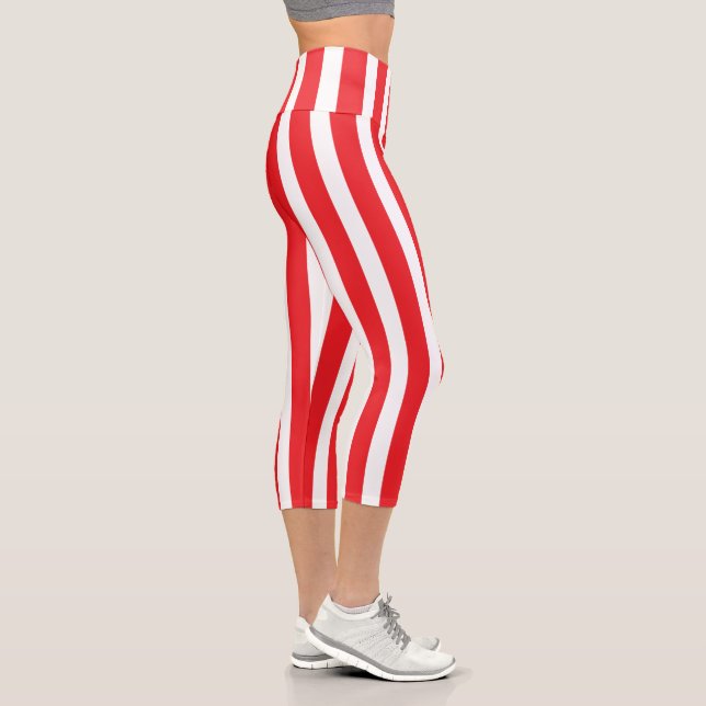 Classic Bright Red and White Striped Capri Leggings (Right)