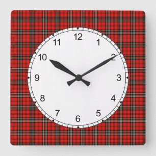 Classic Bright Red Vintage Plaid Pattern Square Wall Clock