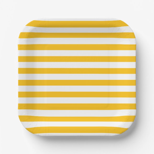 Classic Bright Sunny Yellow Orange & White Striped Paper Plate (Front)