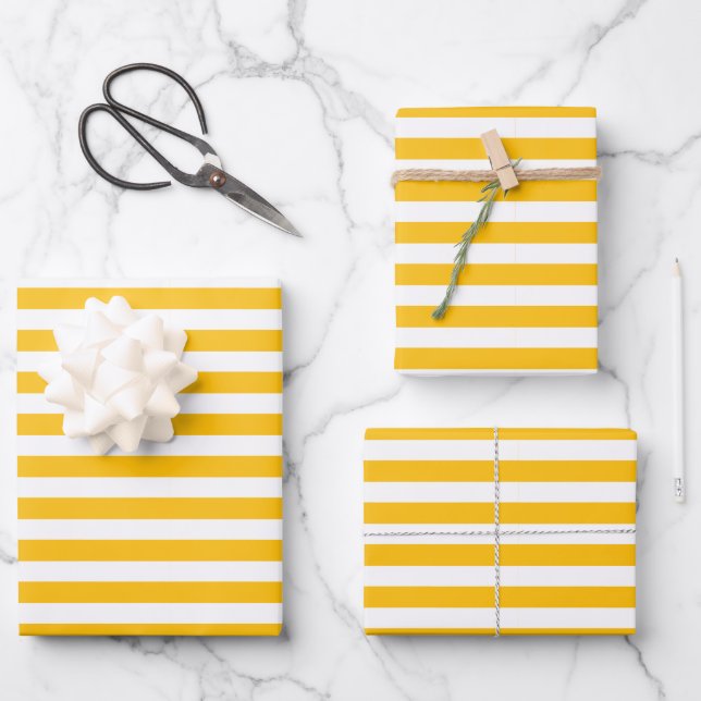 Classic Bright Sunny Yellow Orange & White Striped Wrapping Paper Sheet (Front)