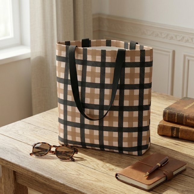 Classic Brown and Black Textured Plaid Pattern Tote Bag (Creator Uploaded)