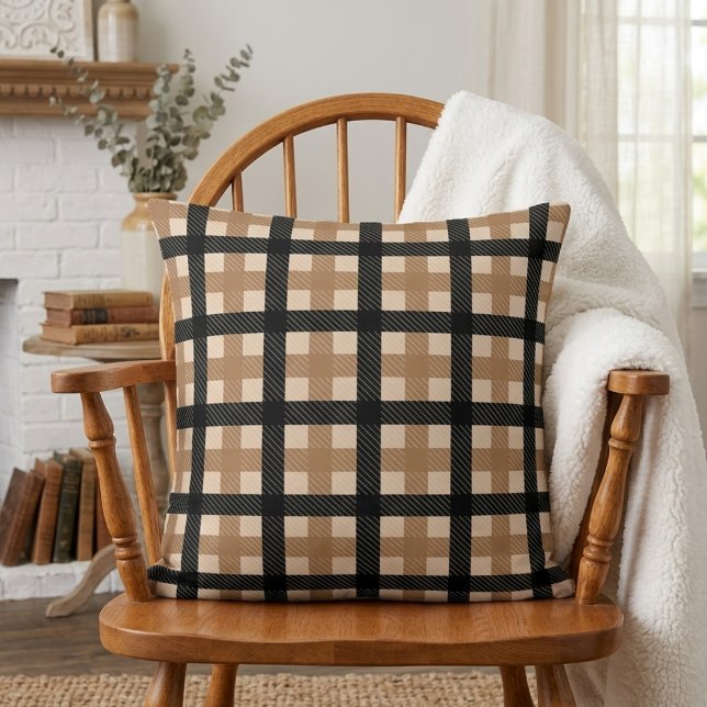 Classic Brown and Black Textured Plaid Throw Cushion (Creator Uploaded)