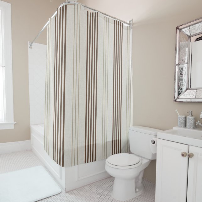 Classic Brown Beige Ticking Stripe Pattern Shower Curtain (In Situ)