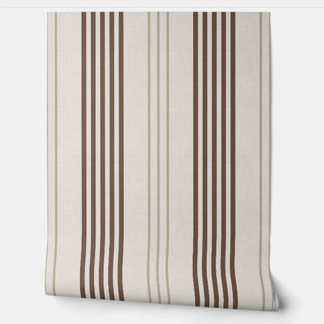 Classic Brown Beige Ticking Stripe Pattern Wallpaper (Unrolling)