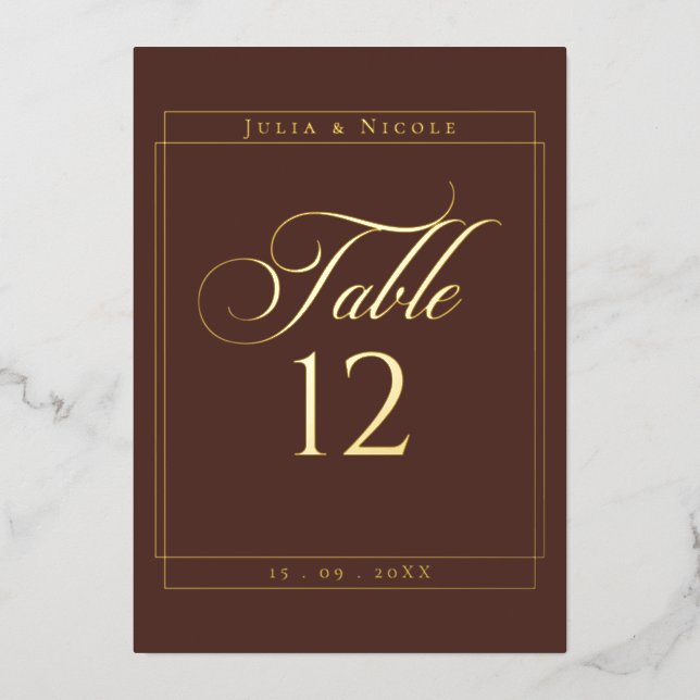 Classic Brown Border Wedding Table Number Sign (Front)