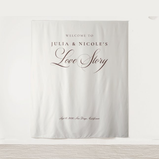 Classic Brown Calligraphy Wedding Backdrops Banner Tapestry (Front)
