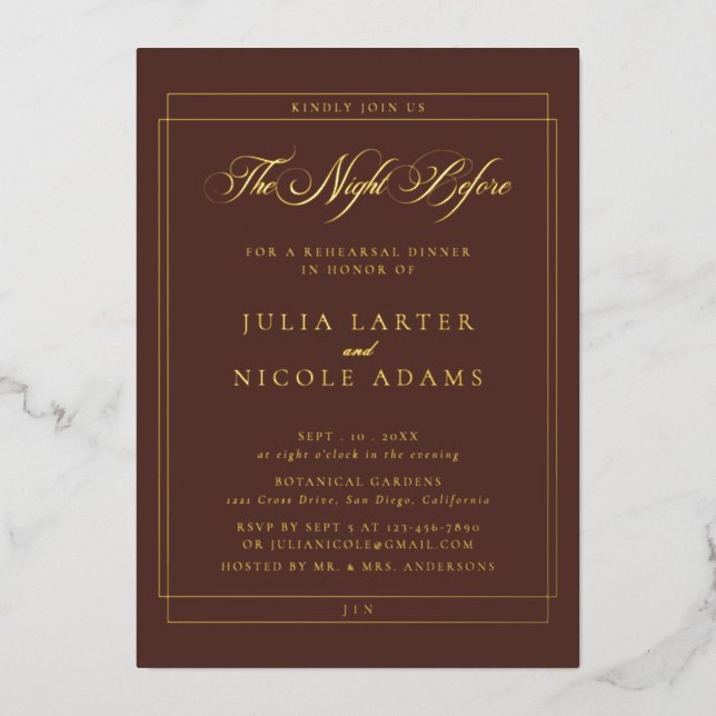 Classic Brown Gold Calligraphy Rehearsal Dinner (Front)