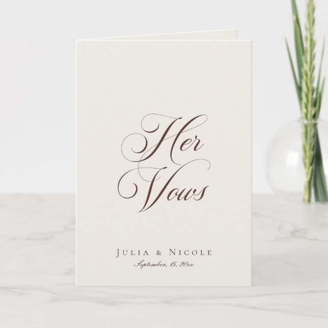 Classic Brown Ivory Calligraphy Wedding Her Vows Card (Front)