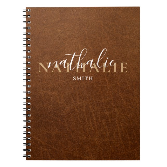 Classic Brown Leather Look Calligraphy with Name Notebook (Front)