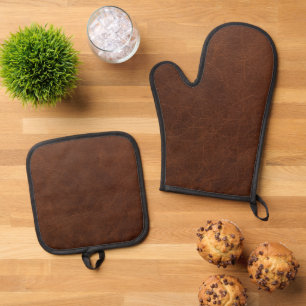 Classic Brown Leather Look Oven Mitt & Pot Holder Set