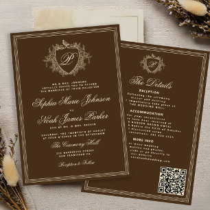 Classic brown QR code formal monogram wedding Invitation