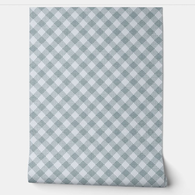 Classic Buffalo Check Plaid Dusty Blue n White Wallpaper (Unrolling)
