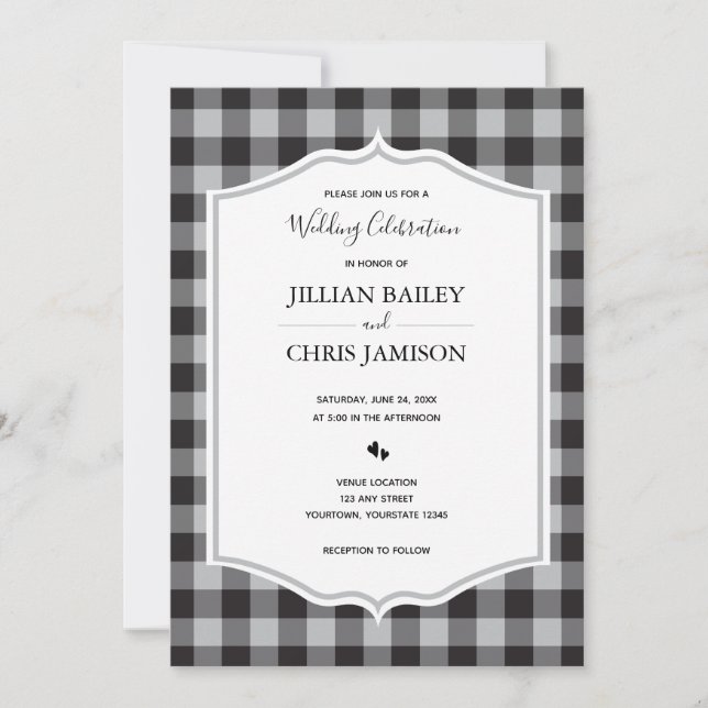 Classic Buffalo Plaid Check Black White Wedding Invitation (Front)
